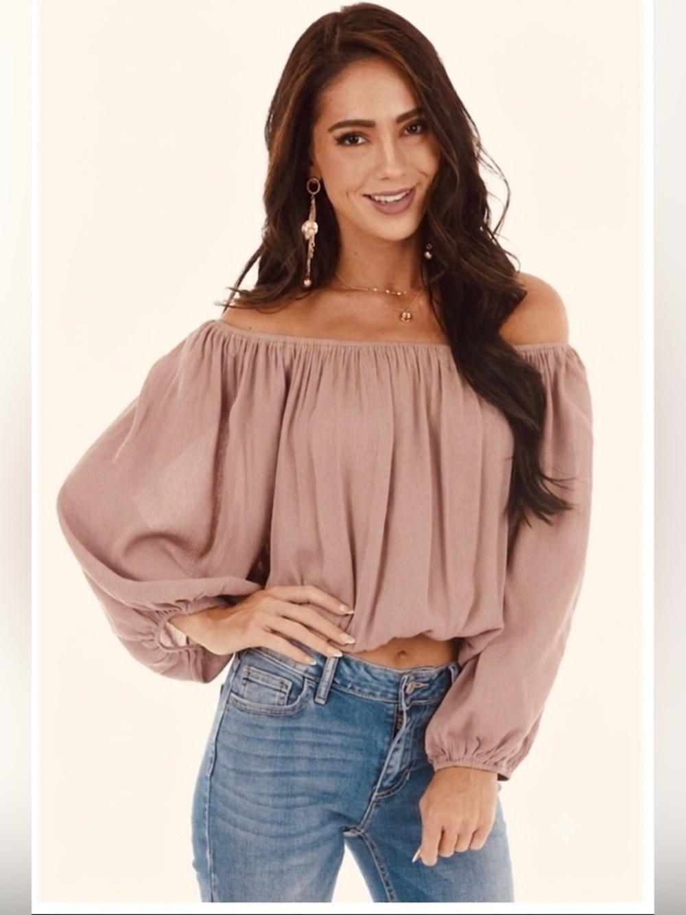 Rose Taupe Off Shoulder Long Bubble Sleeve Cropped Top (L)